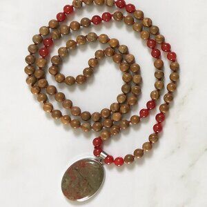 RED JASPER AND WOOD JASPER MALA WITH A BEAUTIFUL PENDANT